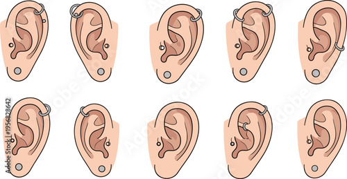 Human Ear Anatomy Set with Multiple Angles and Piercing Points, Medical Illustration of Hearing Organ for Healthcare, Education, and Audiology Vector Design