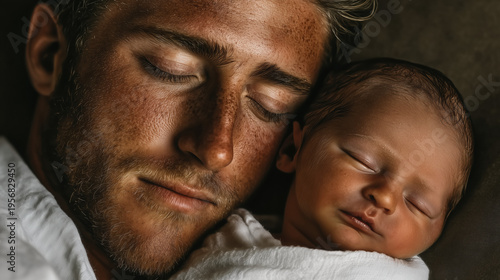Close up father sleeping with newborn cheek to cheek