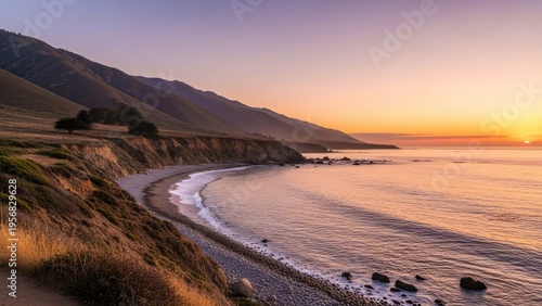 A serene beach landscape at sunset with calm ocean waves