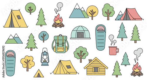 Camping tents and outdoor gear icons.