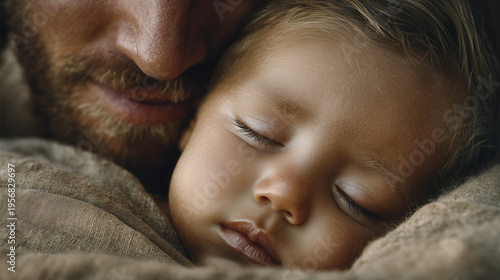Father holding sleeping baby closeup