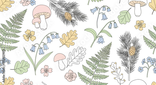 Colorful illustration of various mushrooms and flowers.