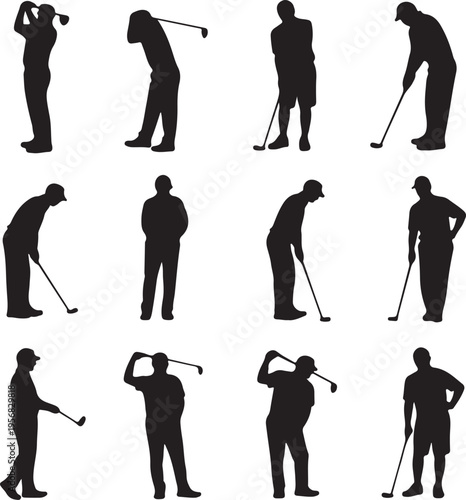 golf player silhouettes set, golfer swing and putting poses collection, sports activity design, outdoor recreation, black white vector illustration set