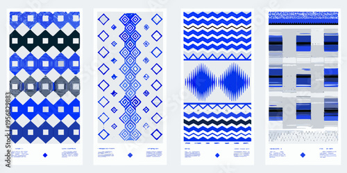 Four vertical panels displaying ornate blue and white geometric patterns