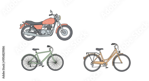Bicycles and a Motorcycle Side View.