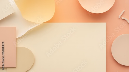 Elegant minimal geometric composition with soft pastel shapes and curled paper elements for product display