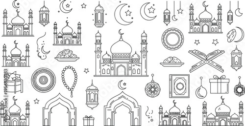 Islamic Religious and Cultural Icon Set, Featuring Mosques, Lanterns, Crescent Moons, Books, and Traditional Symbols for Ramadan and Cultural Designs