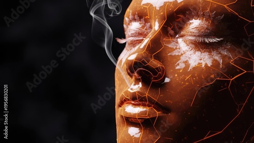 A close-up portrait of a woman with a cracked face and smoke
