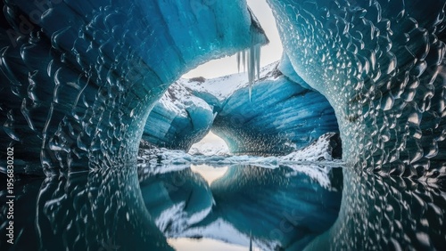 A stunning ice cave with crystal clear water and icicles