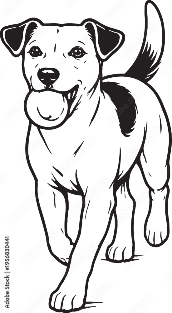 Fototapeta premium Jack Russell Terrier Fetch Return Carrying Ball Black and White Line Art Illustration