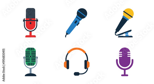 Colorful illustration of various microphones and audio recording equipment high quality