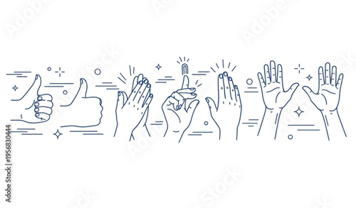 Hand gesture line illustration set with thumbs up clapping snapping and cheering hands minimal blue outline vector