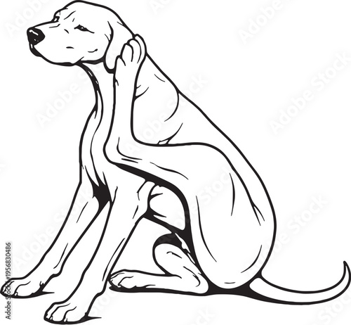 Great Dane Scratching Ear Sitting Pose Black and White Line Art Illustration