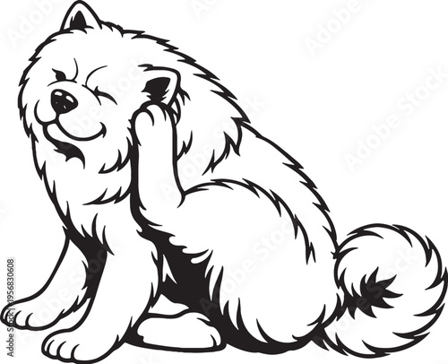 Chow Chow scratching ear sitting pose black and white line art illustration