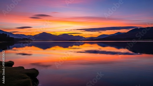 A serene lake at sunset with mountains in the background