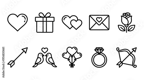 Valentine's Day Icon Set in Outline Style