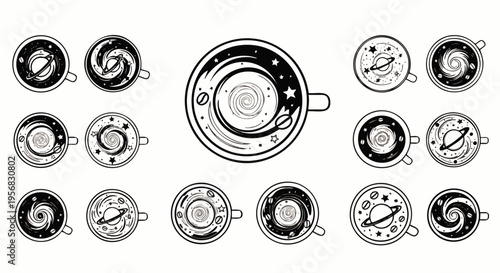 Cosmic Coffee Cups: A Celestial Collection of Planets, Galaxies, and Stars in Black and White