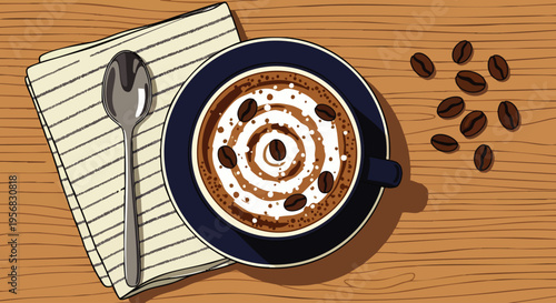 Overhead illustration of a warm, inviting coffee cup with foam art and scattered beans on a wooden surface, ideal for cafe menus or breakfast concepts.