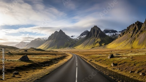 A scenic road winds through a rugged mountain landscape under a cloudy sky