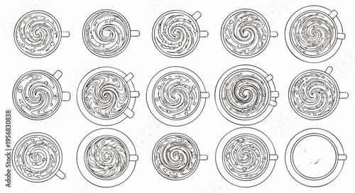Top Down View of Coffee Cups with Swirl Designs, Line Art Illustration