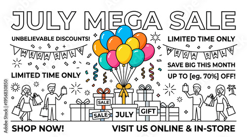 July Mega Sale Banner with Balloons and Gifts