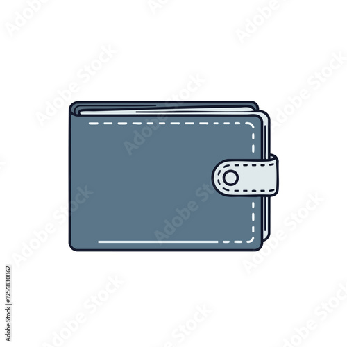 A flat, illustrated wallet with a snap closure and dashed stitching details