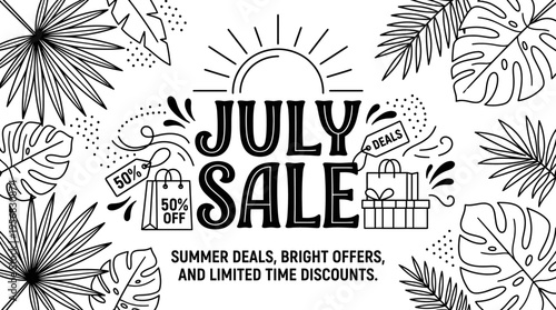 July Sale Banner with Tropical Foliage