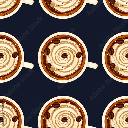 Seamless pattern of a delicious coffee cup with frothy cream and coffee beans, top view, dark background