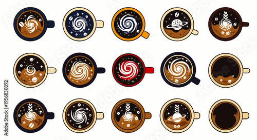 Cosmic Coffee Art: Planets, Galaxies, and Stars in Coffee Cups - Top View