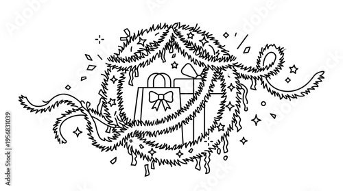 Christmas Garland with Presents Black and White Vector
