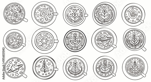 Collection of various latte art designs in coffee cups, top view, featuring intricate patterns and creative doodles, perfect for cafe menus or beverage-related projects.