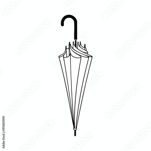 A black-and-white line drawing of a closed umbrella with a curved handle