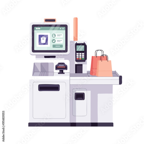 Modern self-checkout station with touchscreen, card reader, and shopping bags