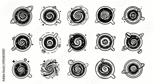 Variety of illustrated coffee cups with mesmerizing swirling patterns inside, depicting galaxies, stars, and abstract designs from a top view.