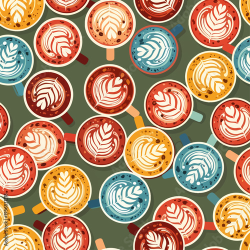 Seamless pattern of colorful coffee cups with latte art, flat design, top view, vibrant colors, perfect for cafe or kitchen decor