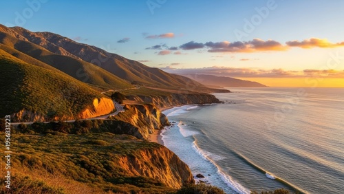 A scenic coastal road winds along a rugged shoreline at sunset