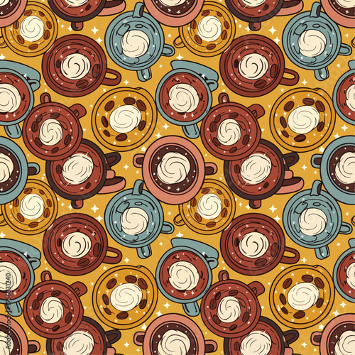 Warm and cozy seamless pattern featuring retro coffee cups, mugs, and saucers with whipped cream, perfect for textile, wallpaper, and cafe branding.