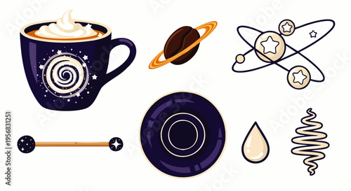 Whimsical cosmic coffee elements set, featuring a galaxy-themed mug with whipped cream, a planetary coffee bean, and starry atom.