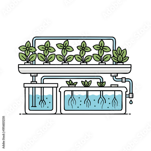 Hydroponic system with plants growing in water, showing roots and nutrient flow