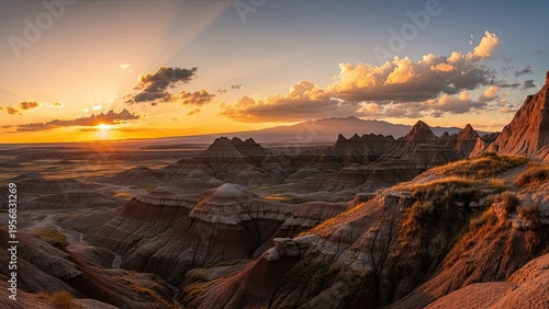 A breathtaking desert landscape at sunset with rugged rock formations