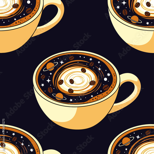 Whimsical coffee cup filled with swirling galaxy and planets, seamless pattern on dark background