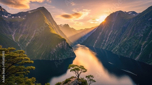 A serene mountain landscape with a calm lake at sunset