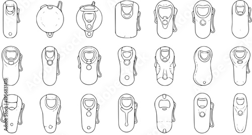Collection of Bottle Opener Designs - Line Art Illustrations in Black and White Outline Style for Industrial Design and Patent Drawings
