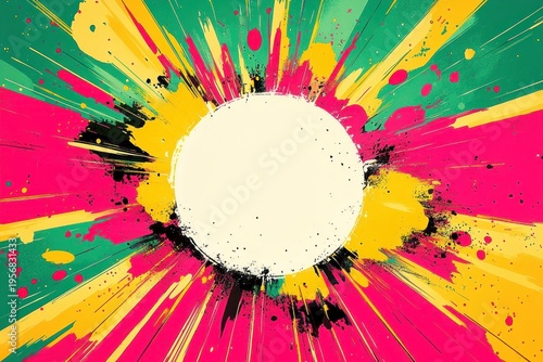 energetic radial paint explosion with white circular center, vibrant pink yellow green and black streaks and splatters
