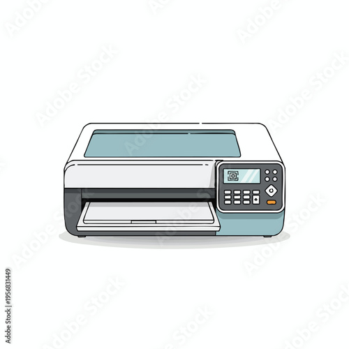 Front view of a blue and white printer with a control panel and scanner