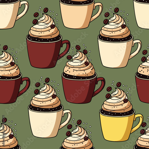 Seamless pattern of coffee cups with whipped cream and coffee beans, perfect for cafe decor and food packaging