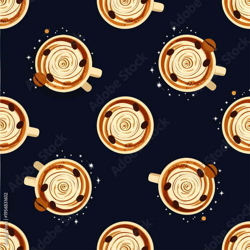 Seamless pattern with coffee cups, latte art, and coffee beans on a dark background, perfect for cafe branding, fabric, or digital designs.