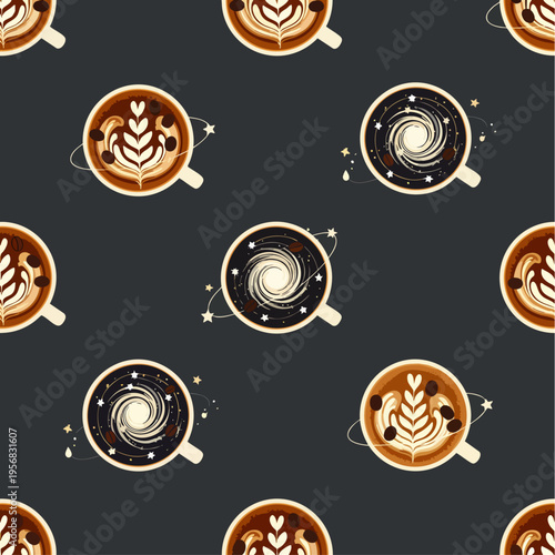Seamless pattern of creative cosmic latte art coffee cups, featuring traditional rosetta designs and swirling galaxy motifs on a dark background.