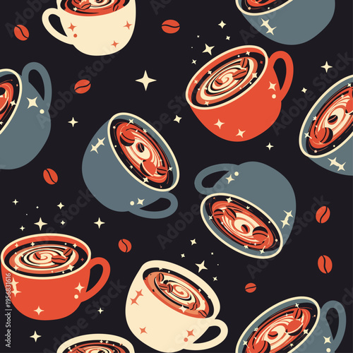 Seamless cosmic coffee pattern with stylized cups, swirling galaxy designs, stars, and coffee beans on a dark background. Retro celestial beverage theme.