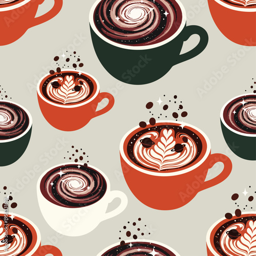Modern seamless pattern featuring stylish coffee cups with creative latte art and celestial galaxy designs, ideal for cafe decor, fabric, wallpaper, or digital backgrounds.